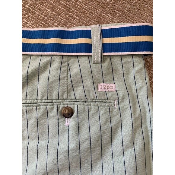 Izod Stripe Belted Shorts Men’s Size 38 100% Cotton Light Green/Blue - Picture 5 of 7